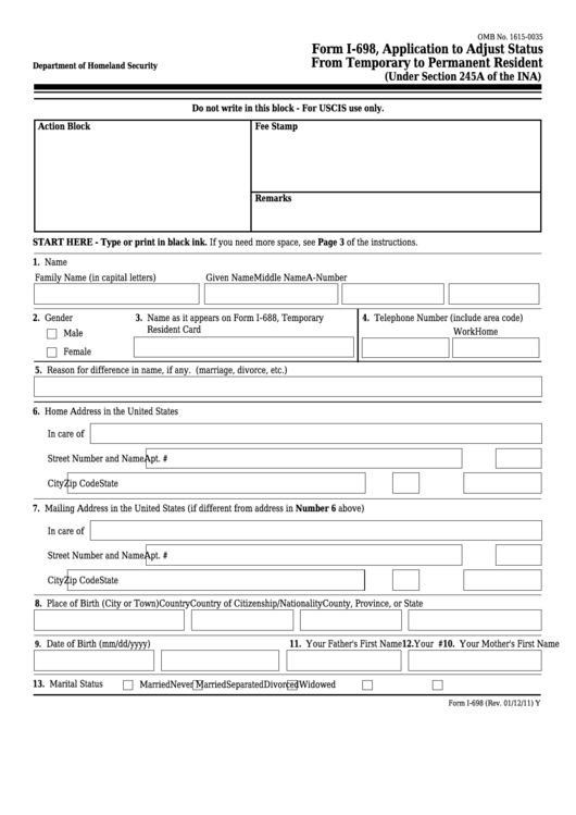 Fillable Form I-698 - Application To Adjust Status From Temporary To Permanent Resident Printable pdf