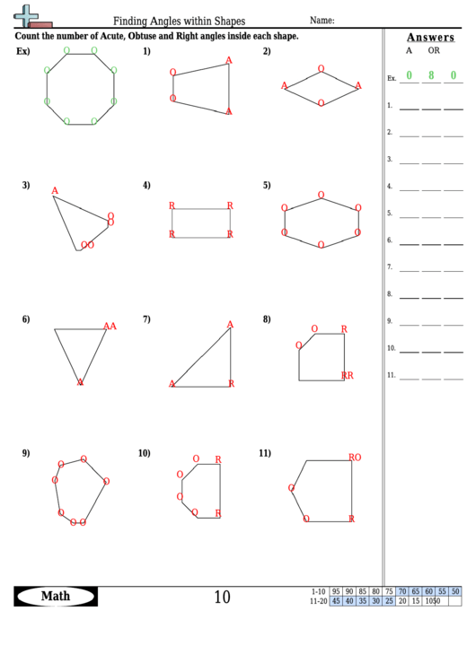 Finding Angles Within Shapes - Angles Worksheet With Answers Printable pdf