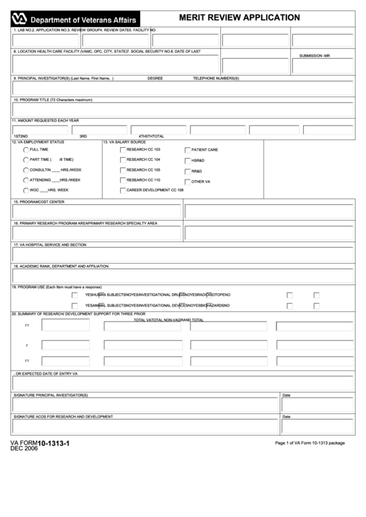 Fillable Va Form 10-1313-1 - Merit Review Application Printable pdf