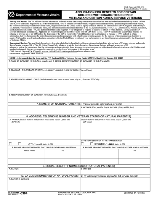 Fillable Va Form 21-0304 - Application For Benefits For Certain Children With Disabilities Born Of Vietnam And Certain Korea Service Veterans Printable pdf