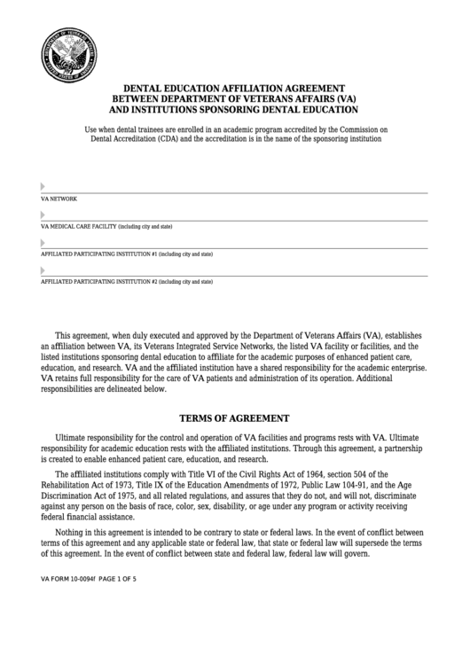 Fillable Va Form 10-0094f -Dental Education Affiliation Agreement Between Department Of Veterans Affairs (Va) And Institutions Sponsoring Dental Education Printable pdf