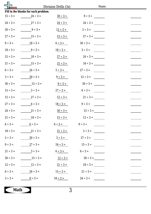 Division Drills (3s) - Division Worksheet With Answers Printable pdf