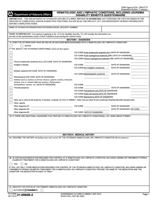 Fillable Va Form 21-0960b-2 - Hematologic And Lymphatic Conditions, Including Leukemia Disability Benefits Questionnaire Printable pdf