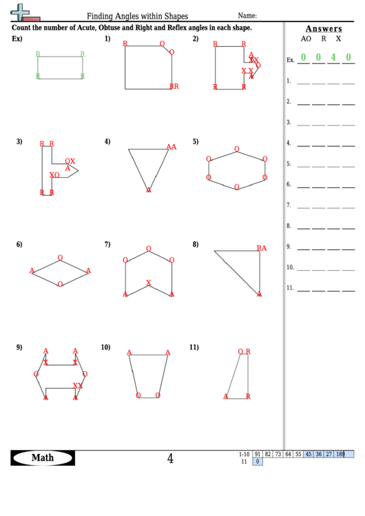 Finding Angles Within Shapes - Angle Worksheet With Answers Printable pdf