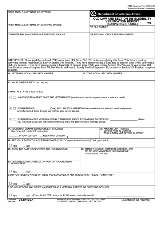 Fillable Va Form 21-0512s-1 - Old Law And Section 306 Eligibility Verification Report (Surviving Spouse) Printable pdf