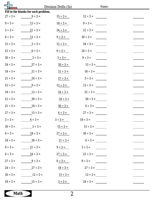 Division Drills (3s) - Division Worksheet With Answers Printable pdf