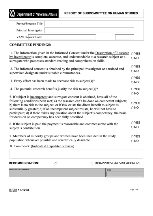 Fillable Va Form 10-1223 - Report Of Subcommittee On Human Studies Printable pdf
