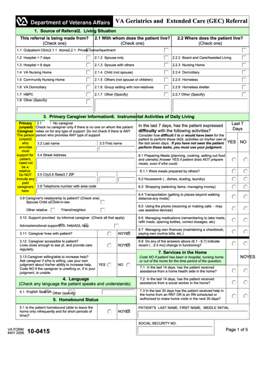 Fillable Va Form 10-0415 - Va Geriatrics And Extended Care (Gec) Referral Printable pdf