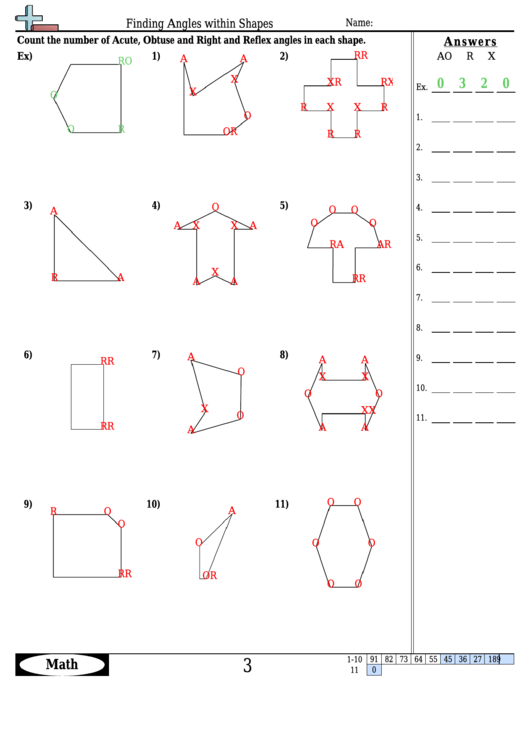 Finding Angles Within Shapes - Angle Worksheet With Answers Printable pdf