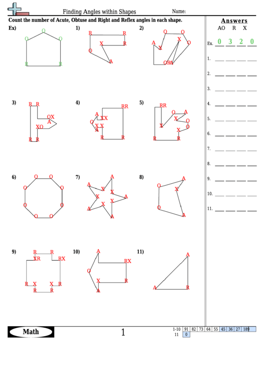 Finding Angles Within Shapes - Angle Worksheet With Answers Printable pdf