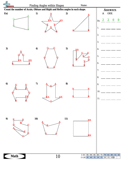 Finding Angles Within Shapes - Angles Worksheet With Answers Printable pdf