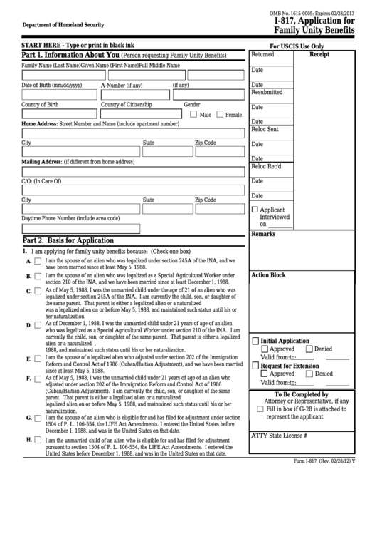 Fillable Form I-817 - Application For Family Units Benefits Printable pdf