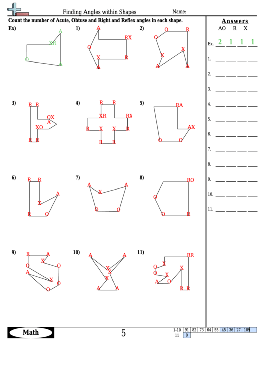 Finding Angles Within Shapes - Angle Worksheet With Answers Printable pdf