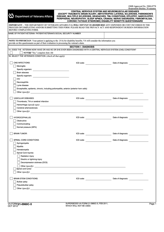 Fillable Va Form 21-0960c-5 - Central Nervous System And Neuromuscular Diseases Disability Benefits Questionnaire Printable pdf