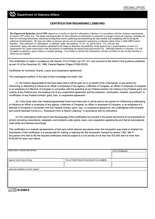 Fillable Va Form 10-0388-9 - Certification Regarding Lobbying Printable pdf