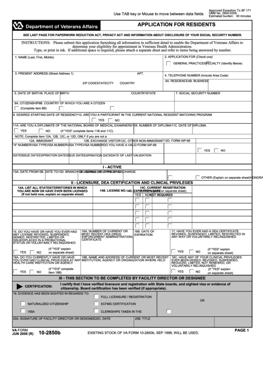 Fillable Va Form 10-2850b - Application For Residents Printable pdf