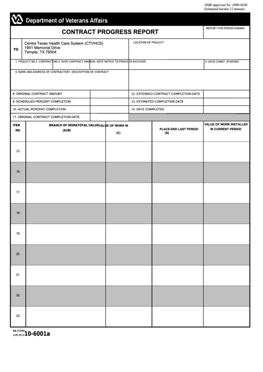 Fillable Va Form 10-6001a - Contract Progress Report Printable pdf