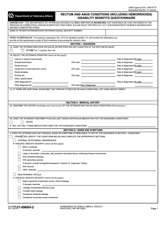 Fillable Va Form 21-0960h-2 - Rectum And Anus Conditions (Including Hemorrhoids) Disability Benefits Questionnaire Printable pdf