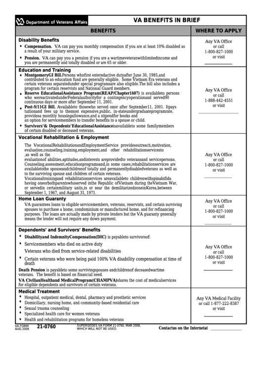 Va Form 21-0760 - Va Benefits In Brief Printable pdf