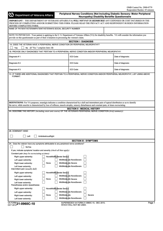 Fillable Va Form 21-0960c-10 - Peripheral Nerves Conditions (Not Including Diabetic Sensory- Motor Peripheral Neuropathy) Disability Benefits Questionnaire Printable pdf