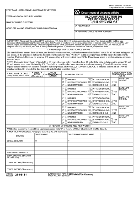 Fillable Va Form 21-0513-1 - Old Law And Section 306 Verification Report (Children Only) Printable pdf