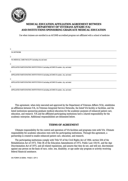 Fillable Va Form 10-0094c - Medical Education Affiliation Agreement Between Department Of Veterans Affairs (Va) And Institutions Sponsoring Graduate Medical Education Printable pdf