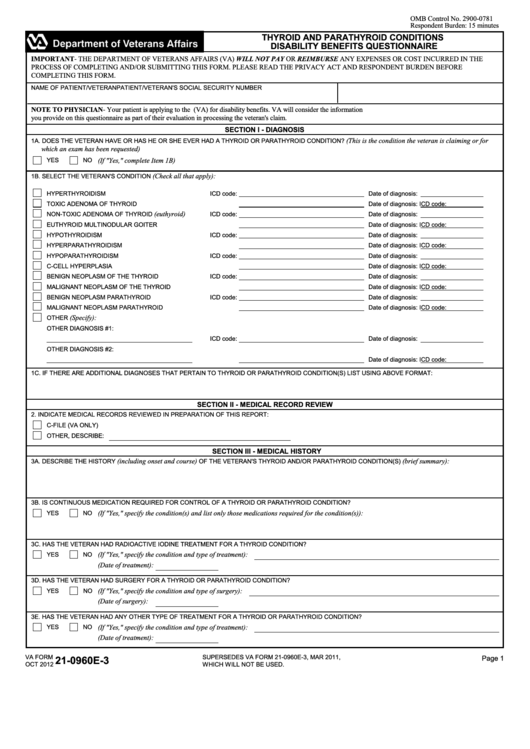 Fillable Va Form 21-0960e-3 - Thyroid And Parathyroid Conditions Disability Benefits Questionnaire Printable pdf