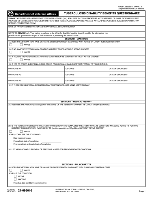 Fillable Va Form 21-0960i-6 - Tuberculosis Disability Benefits Questionnaire Printable pdf
