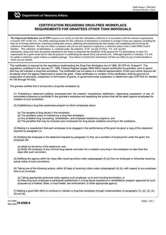 Fillable Va Form 10-0388-8 - Certification Regarding Drug-Free Workplace Requirements For Grantees Other Than Individuals Printable pdf