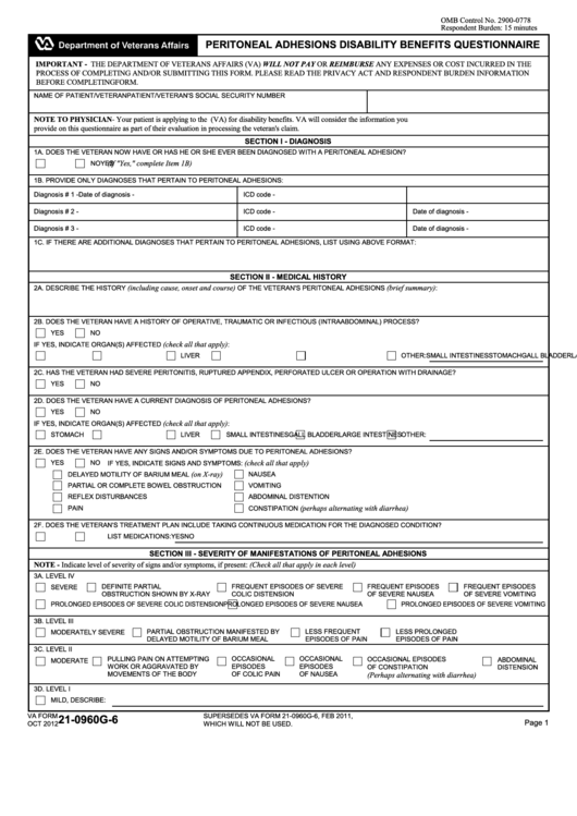 Fillable Va Form 21-0960g-6 - Peritoneal Adhesions Disability Benefits Questionnaire Printable pdf
