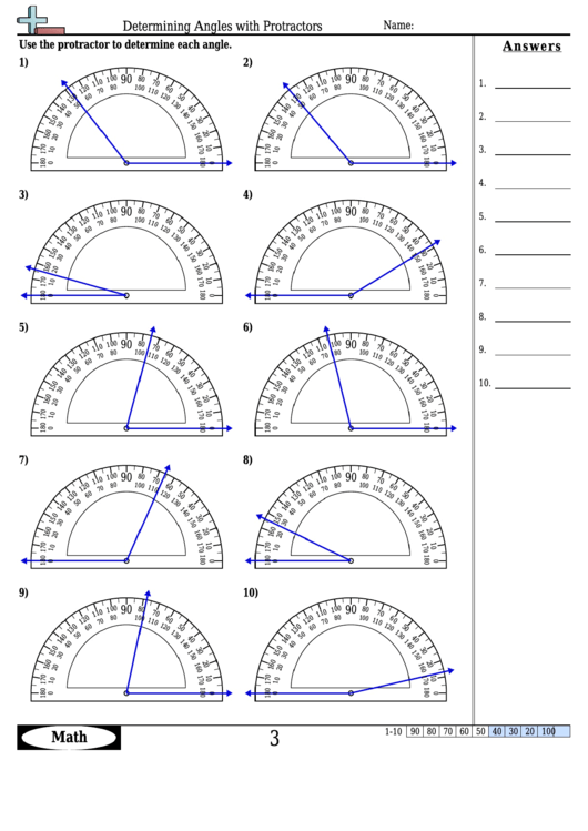 Determining Angles With Protractors - Angles Worksheet With Answers Printable pdf