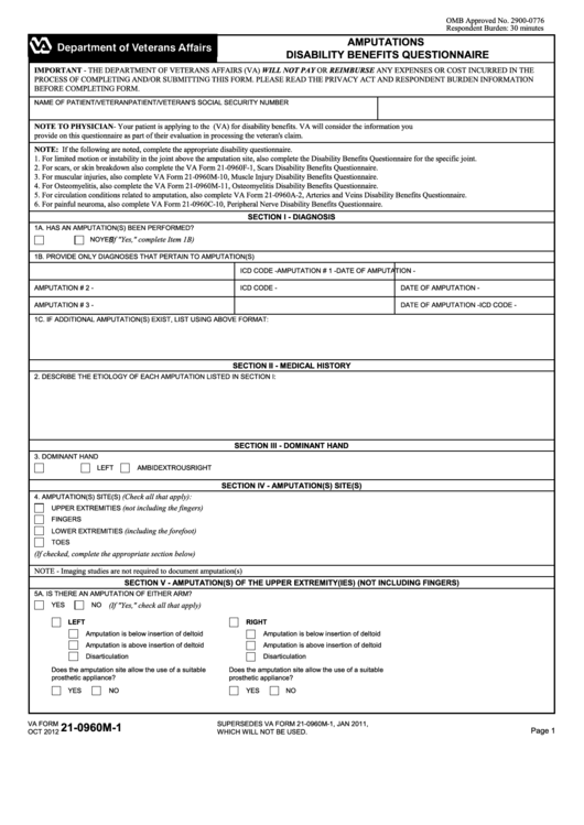 Fillable Va Form 21-0960m-1 - Amputations Disability Benefits Questionnaire Printable pdf