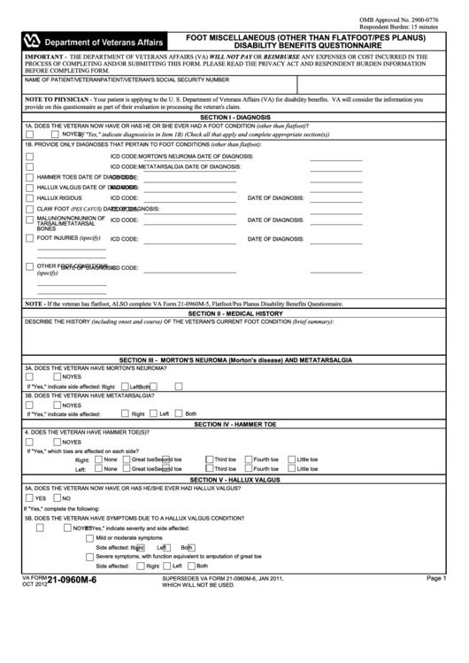Fillable Va Form 21-0960m-6 - Foot Miscellaneous (Other Than Flatfoot/pes Planus) Disability Benefits Questionnaire Printable pdf