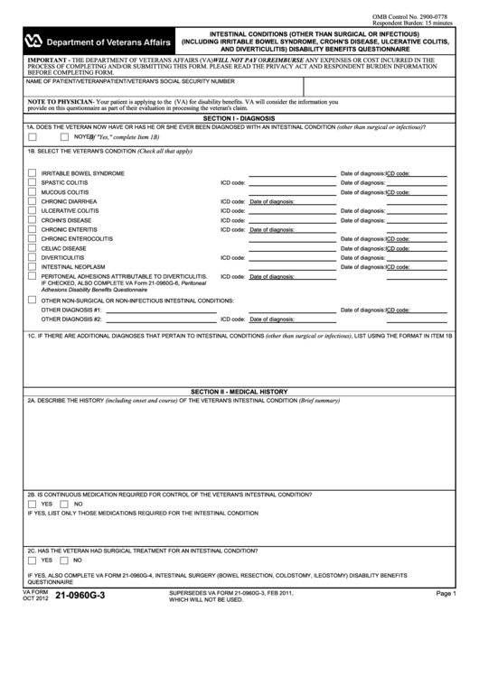 Fillable Va Form 21-0960g-3 - Intestinal Conditions (Other Than Surgical Or Infectious) (Including Irritable Bowel Syndrome, Crohn