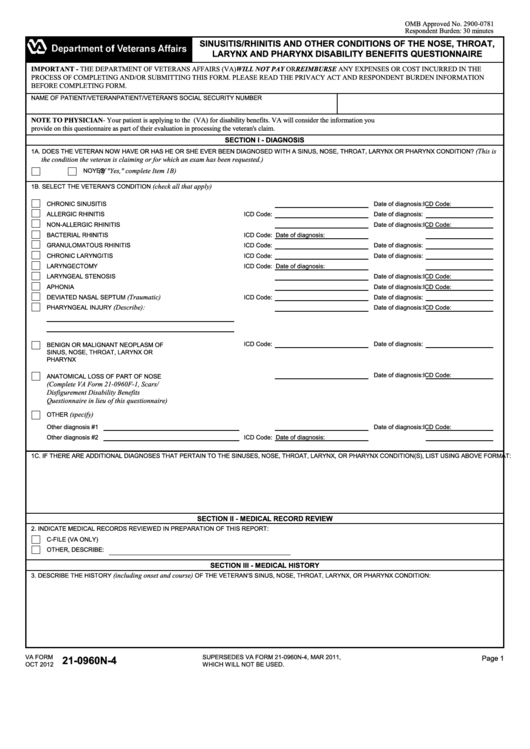 Fillable Va Form 21-0960n-4 - Sinusitis/rhinitis And Other Conditions Of The Nose, Throat, Larynx And Pharynx Disability Benefits Questionnaire Printable pdf