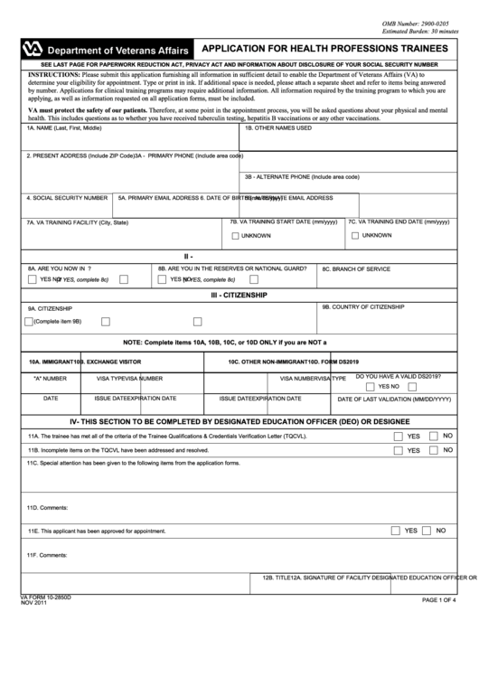 Fillable Va Form 10-2850d - Application For Health Professions Trainees Printable pdf