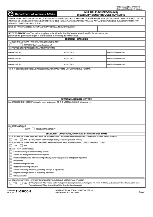 Fillable Va Form 21-0960c-9 - Multiple Sclerosis (Ms) Disability Benefits Questionnaire Printable pdf