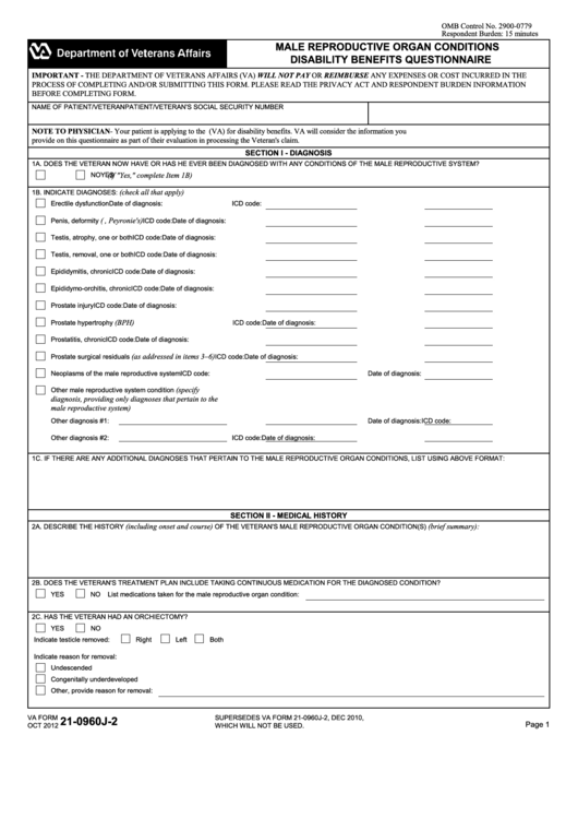 Fillable Va Form 21-0960j-2 - Male Reproductive Organ Conditions Disability Benefits Questionnaire Printable pdf