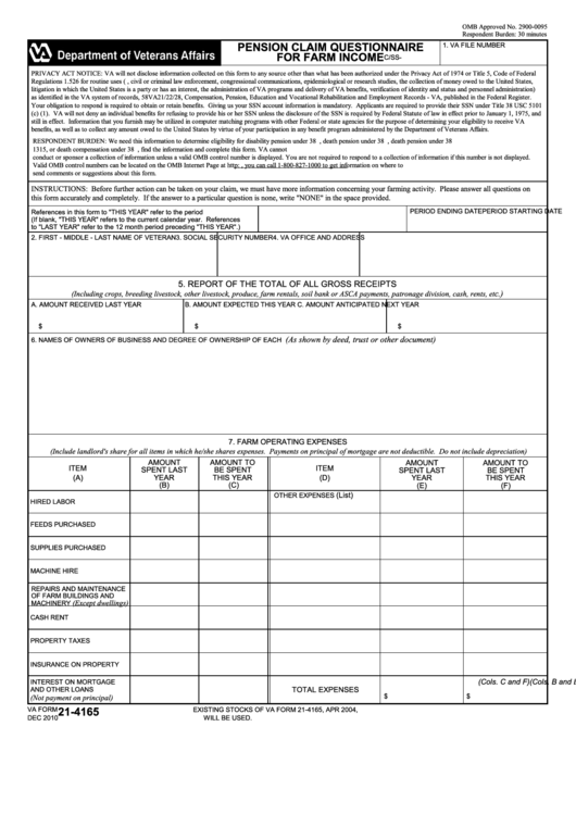 Fillable Va Form 21-4165 - Pension Claim Questionnaire For Farm Income Printable pdf