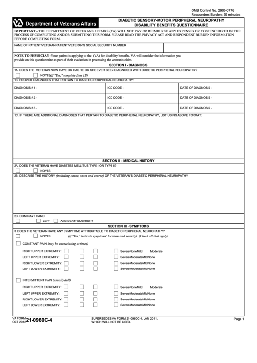 Fillable Va Form 21-0960c-4 - Diabetic Sensory-Motor Peripheral Neuropathy Disability Benefits Questionnaire Printable pdf