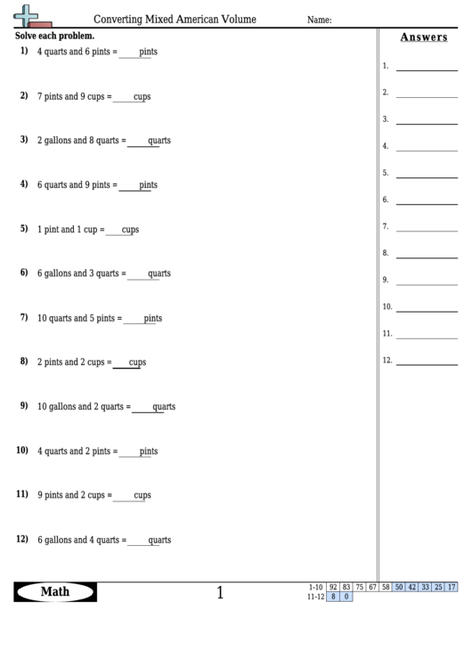 Converting Mixed American Volume - Measurement Worksheet With Answers Printable pdf