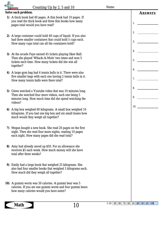 Counting Up By 2, 5 And 10 - Math Worksheet With Answers Printable pdf