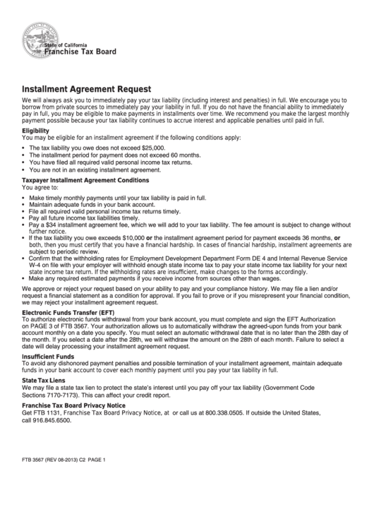 Fillable Form Ftb 3567 - Installment Agreement Request Printable pdf
