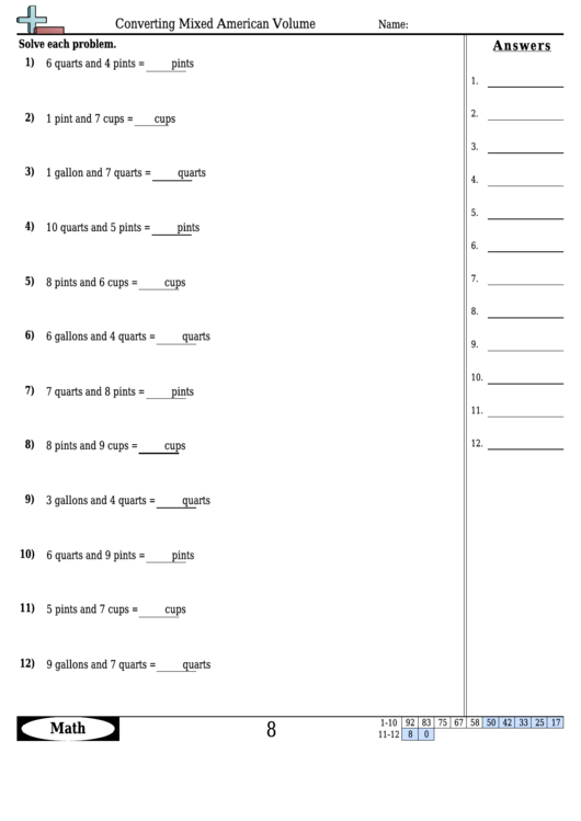 Converting Mixed American Volume - Measurement Worksheet With Answers Printable pdf
