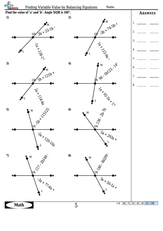 Finding Variable Value By Balancing Equations - Equation Worksheet With Answers Printable pdf