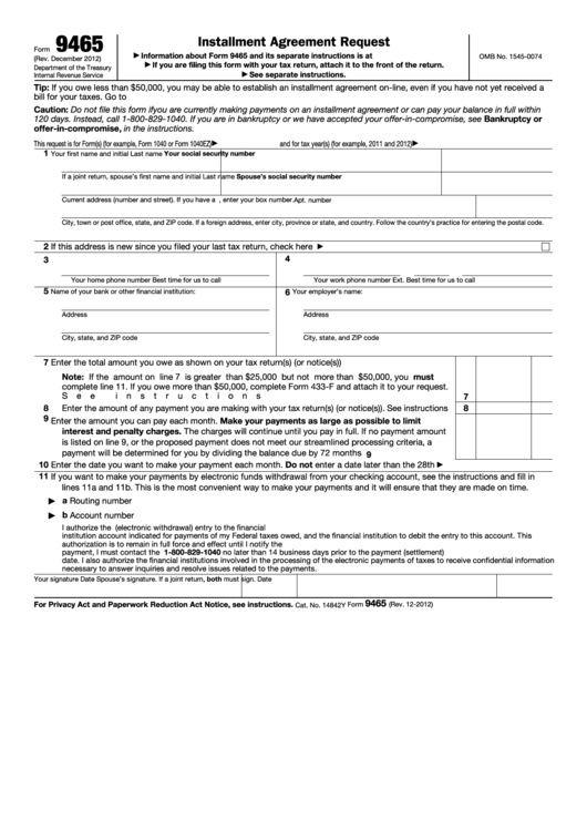 Fillable Form 9465 - Installment Agreement Request Printable pdf