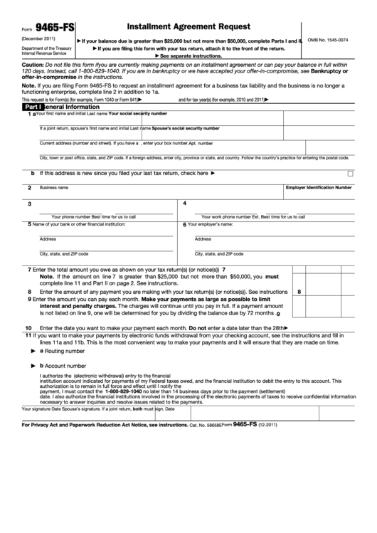 Fillable Form 9465-Fs - Installment Agreement Request Printable pdf