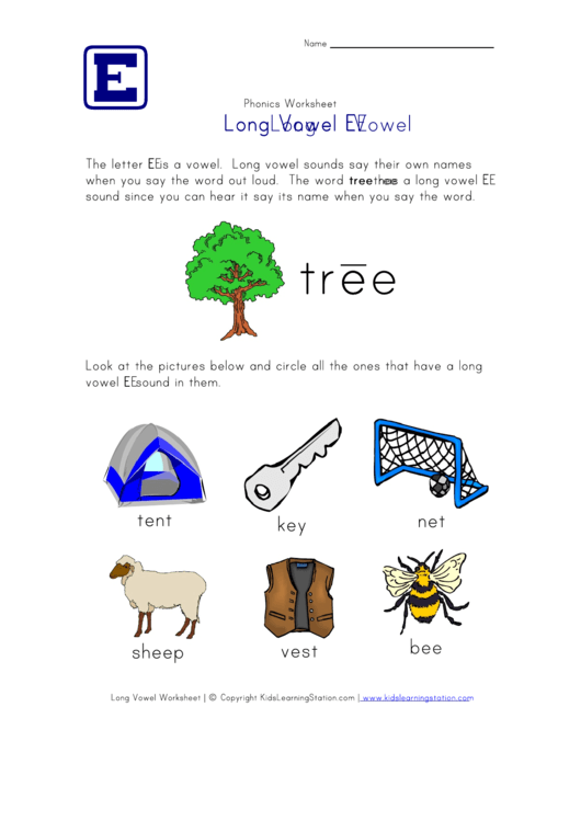 Long Vowel E Worksheet Printable pdf