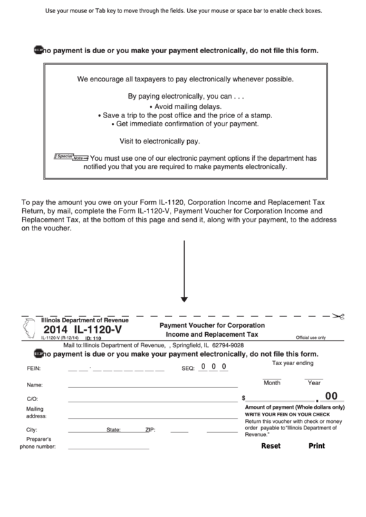 Fillable Form Il-1120-V - Payment Voucher For Corporation Income And Replacement Tax - 2014 Printable pdf