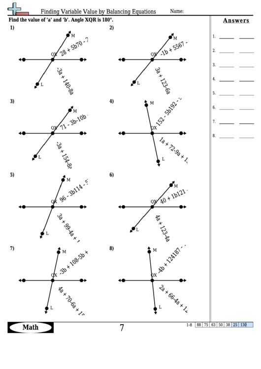 Finding Variable Value By Balancing Equations - Equation Worksheet With Answers Printable pdf